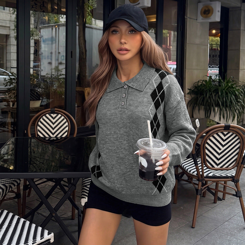 Damen Eleganter Strickpullover mit Polo-Kragen und Rautenmuster Drune