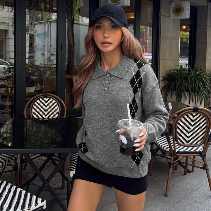 Damen Eleganter Strickpullover mit Polo-Kragen und Rautenmuster Drune