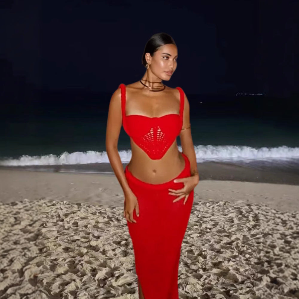 Damen Set aus gehäkeltem Crop-Top und Bleistiftrock Drune