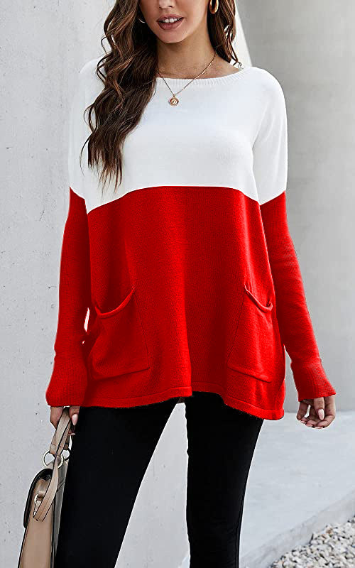 Damen Strickpullover mit großen Fronttaschen und kontrastiertem Design Drune