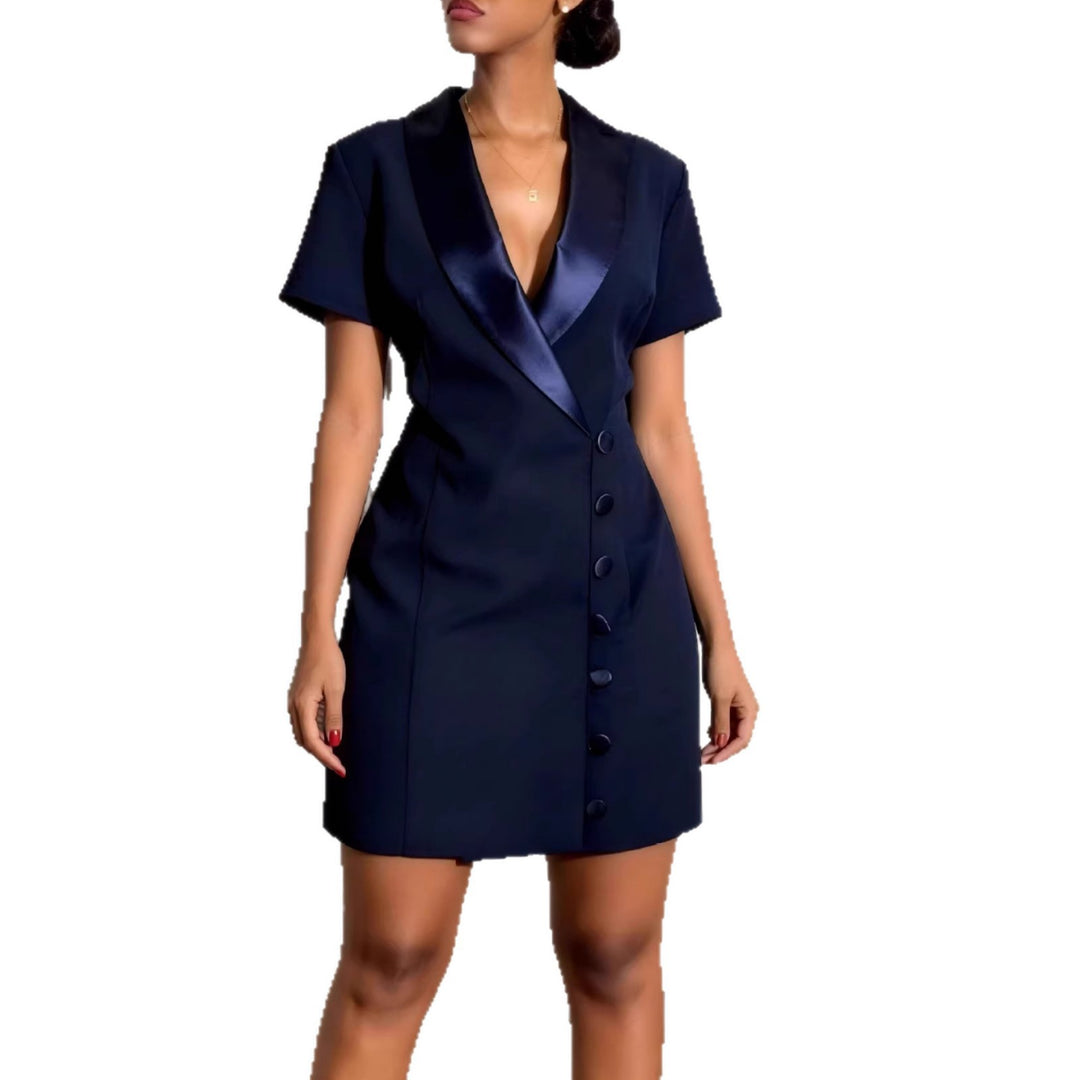 Damen Elegantes Blazer-Kleid mit auffälligem Satin-Revers und klassischer Knopfleiste Drune