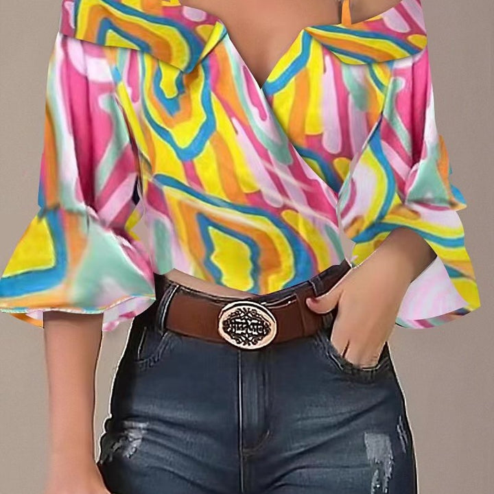 Damen Off-Shoulder Bluse mit buntem Streifenmuster und weiten Ärmeln Drune