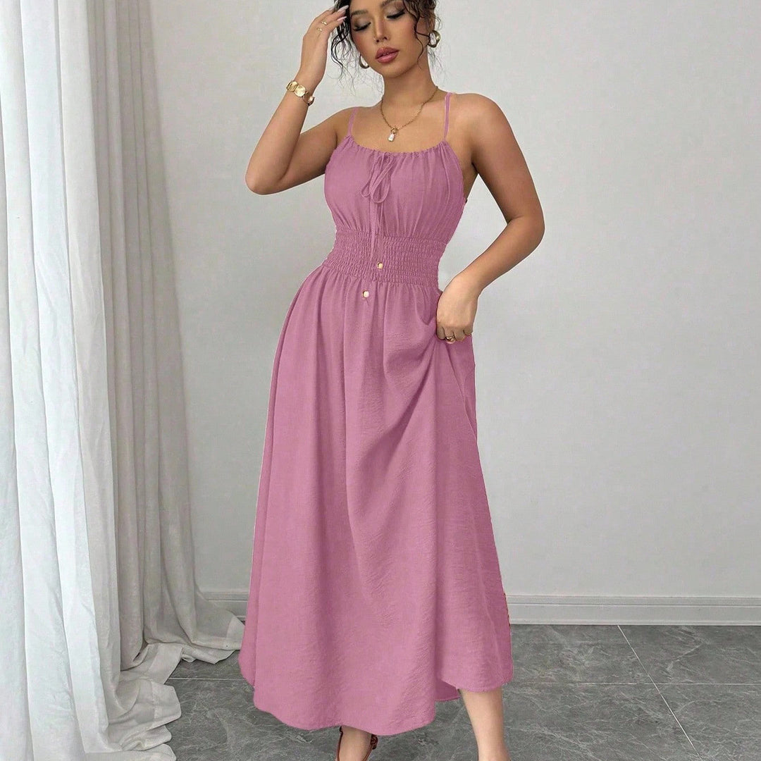 Damen Midikleid mit Smokbund, Spaghettiträgern und Bindekordel Drune