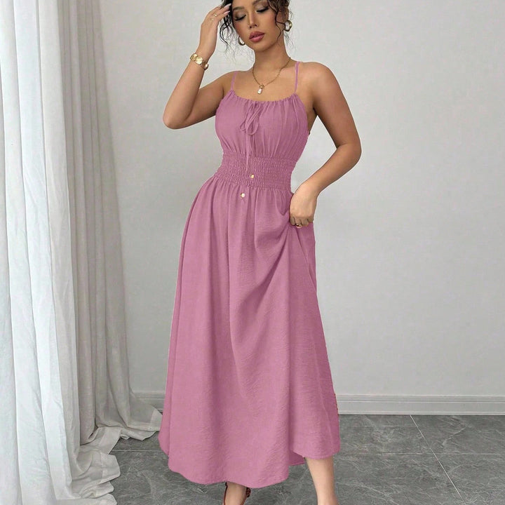 Damen Midikleid mit Smokbund, Spaghettiträgern und Bindekordel Drune