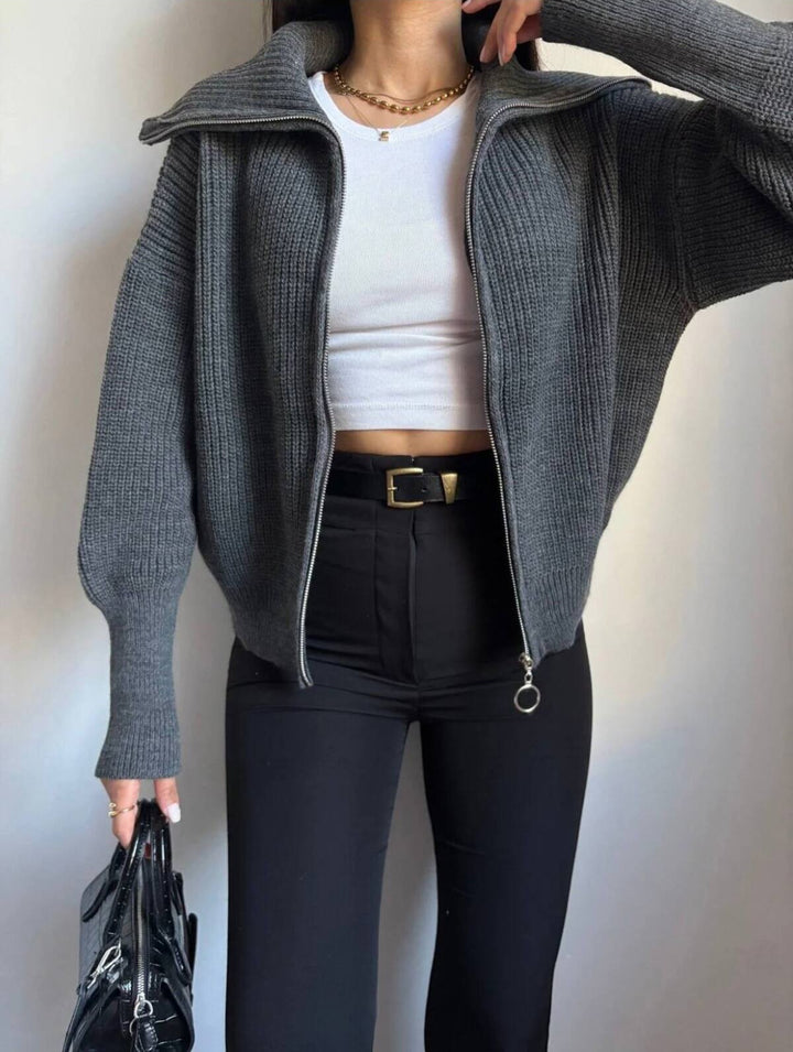 Damen Oversize Strickjacke mit Reißverschluss und hohem Kragen Drune