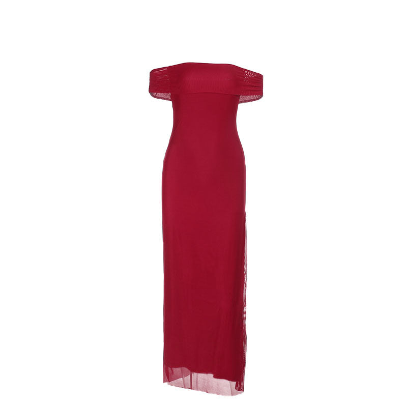 Damen elegantes schulterfreies Maxikleid mit fließendem Stoff und raffinierter Drapierung Drune