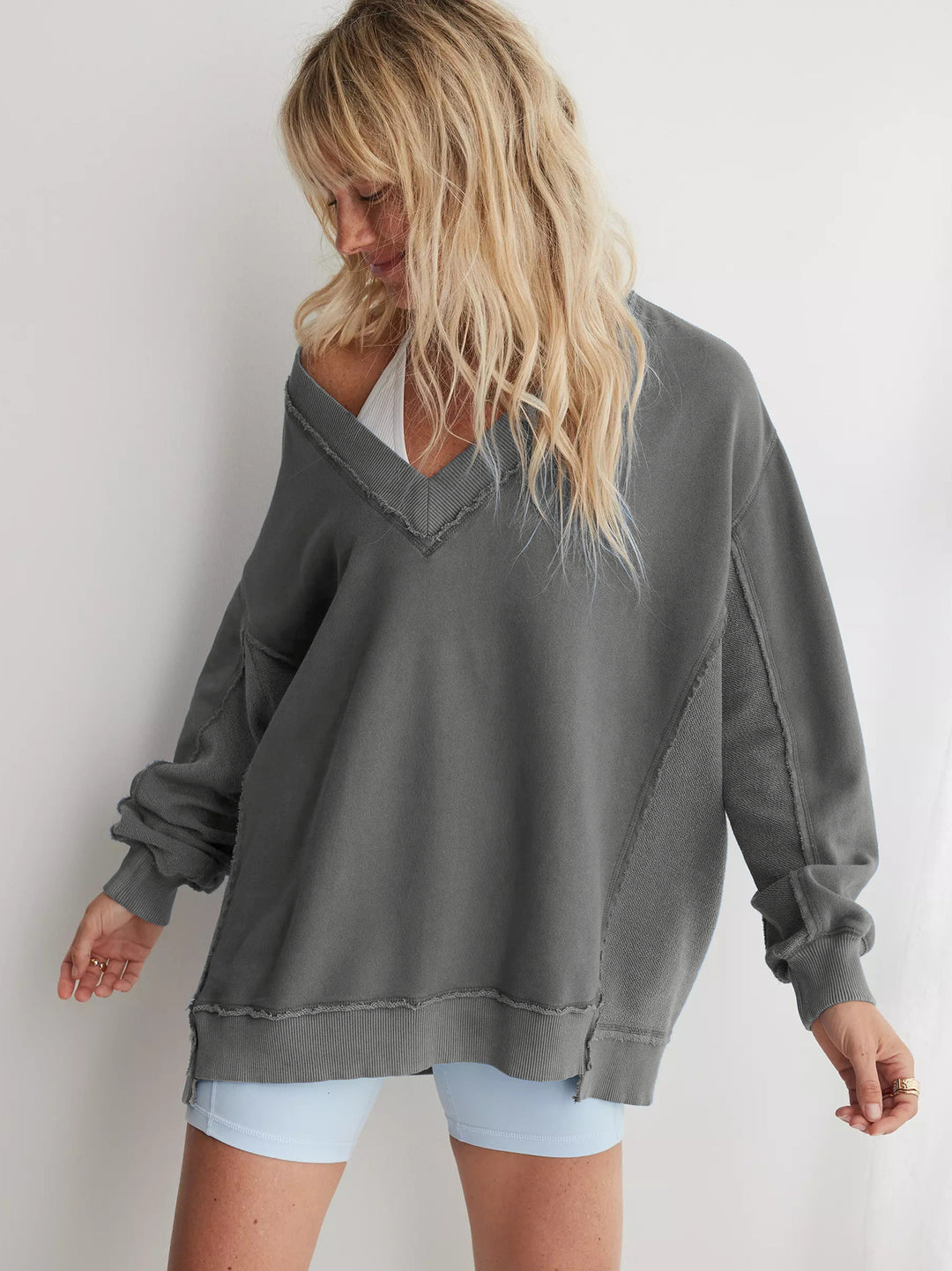 Damen lässiger V-Ausschnitt Sweatshirt mit angesagtem Oversized-Schnitt Drune