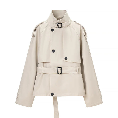 Damen nan kurze Trenchjacke mit Stehkragen, Schulterklappen und Taillengürtel Drune