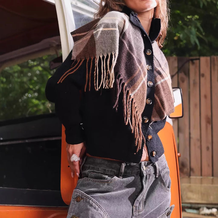 Damen gestrickte Weste mit dekorativem Karomuster und praktischen Knopfdetails Drune