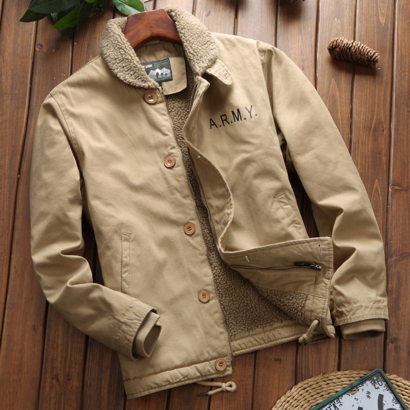 Herren Gefütterter Canvas‑Blouson mit Teddyfleece‑Innenfutter, Hemdkragen und Military‑Print Drune