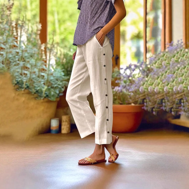 Damen Leichte Leinenmix-Hose mit seitlicher Knopfleiste und geradem Cropped-Schnitt Drune