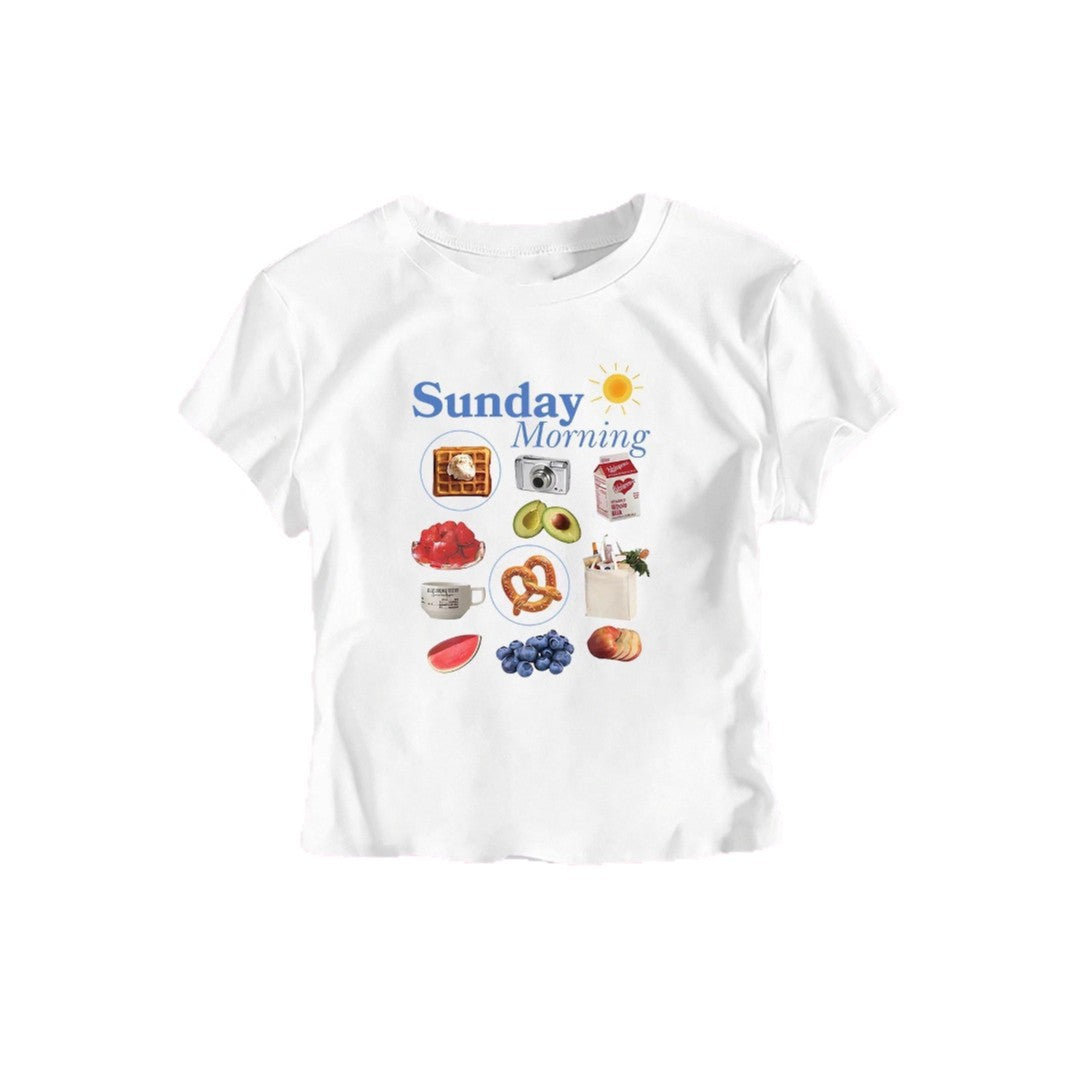 Damen T-Shirt mit kreativem Frühstücksmotiv und modernem Schriftzug Drune
