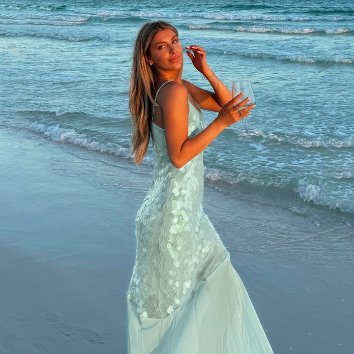 Damen Maxikleid mit glitzernden Pailletten und fließendem Rock Drune