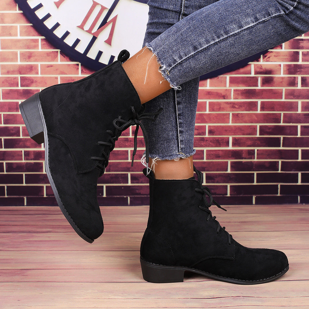 Damen nan knöchelhohe Schnürstiefelette mit soften Veloursoptik, praktischer Zugschlaufe und niedrigem Blockabsatz Drune