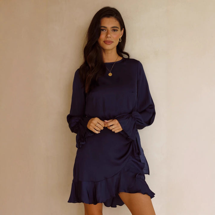 Damen Wickelkleid mit schwingenden Volant-Ärmeln und elegantem Taillenband Drune