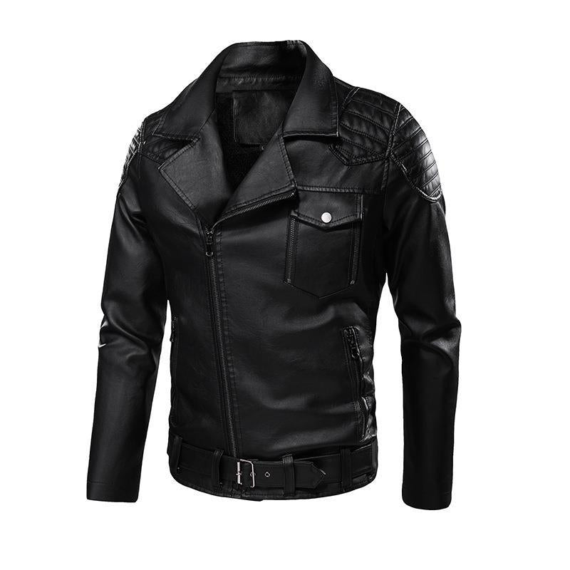 Herren Kunstleder-Bikerjacke mit Schultersteppungen, asymmetrischem Reißverschluss und verstellbarem Taillengürtel Drune