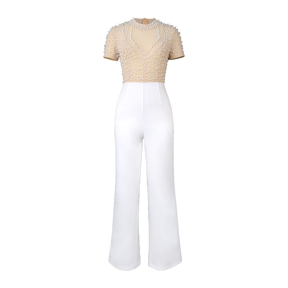 Damen eleganter Jumpsuit mit schimmerndem Perlen-Besatz Drune