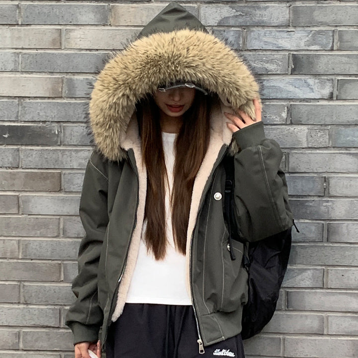 Damen gefütterte Winterjacke mit abnehmbarem Kunstfellkragen und großen Taschen Drune
