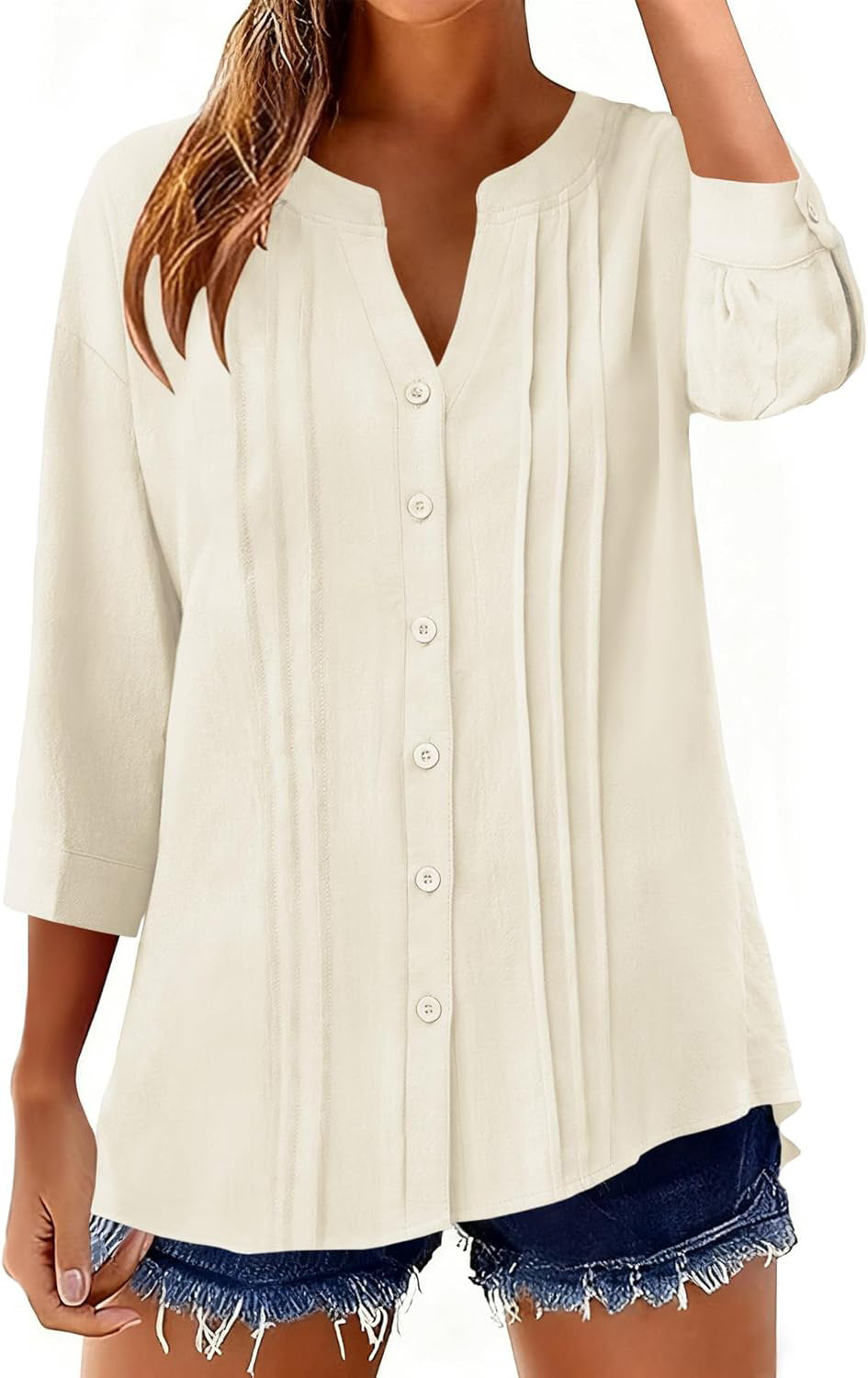 Damen Lockeres Tunikashirt mit Kellerfalten und dreiviertel Ärmeln Drune