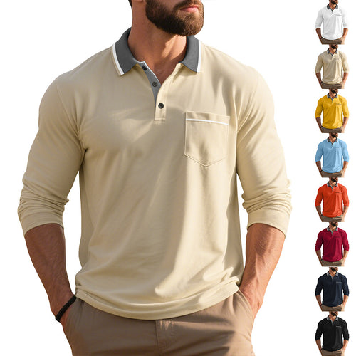 Herren nan langärmeliges Polohemd mit Kontrastkragen, Brusttasche und feinem Baumwollstretch Drune