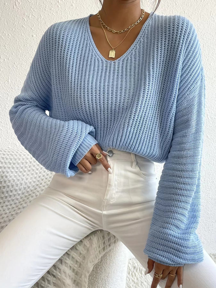 Damen lässiger Strickpullover mit weitem V-Ausschnitt und oversize Ärmeln Drune