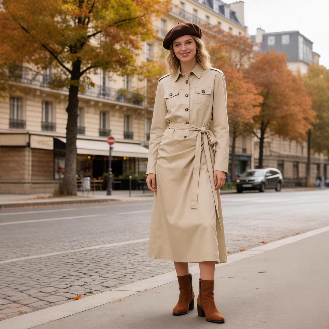 Damen Hemdblusenkleid mit Knotenbindegürtel, Pattentaschen und schmaler Taille Drune