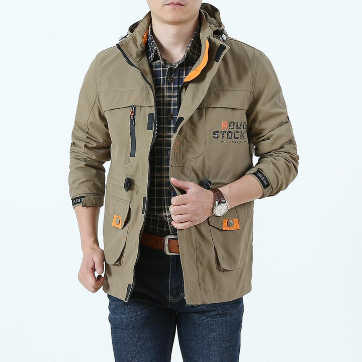 Herren Utility-Fieldjacke mit Kapuze, Multifunktionstaschen und Taillenzug Drune