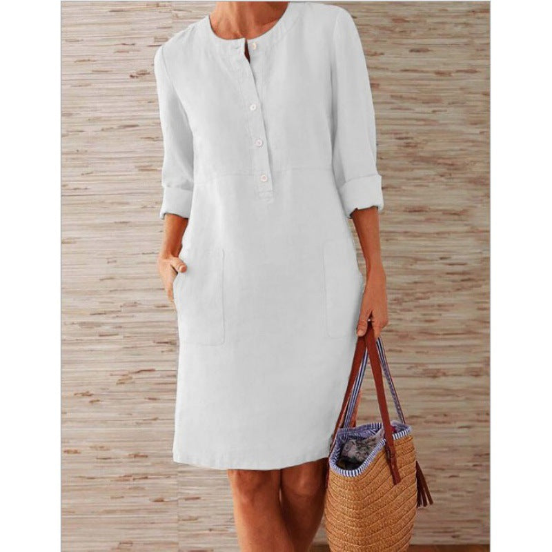 Damen Locker geschnittenes Leinenoptik-Kleid mit dreiviertel-Ärmeln, Knopfleiste und Eingrifftaschen Drune