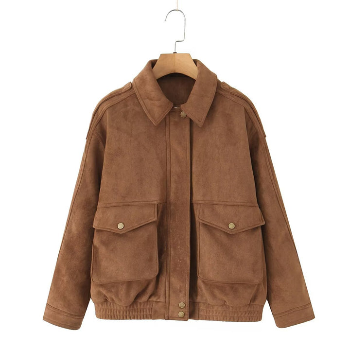 Damen Oversize Wildlederoptik-Bomberjacke mit Pattentaschen und elastischem Saum Drune