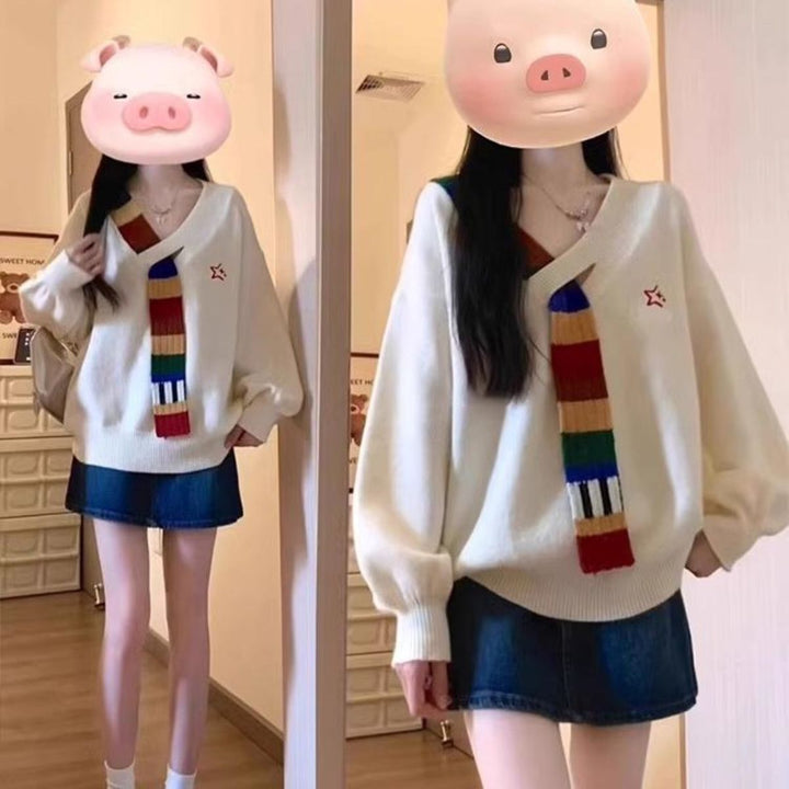 Damen Modischer Pullover mit V-Ausschnitt und bunten Streifen Drune