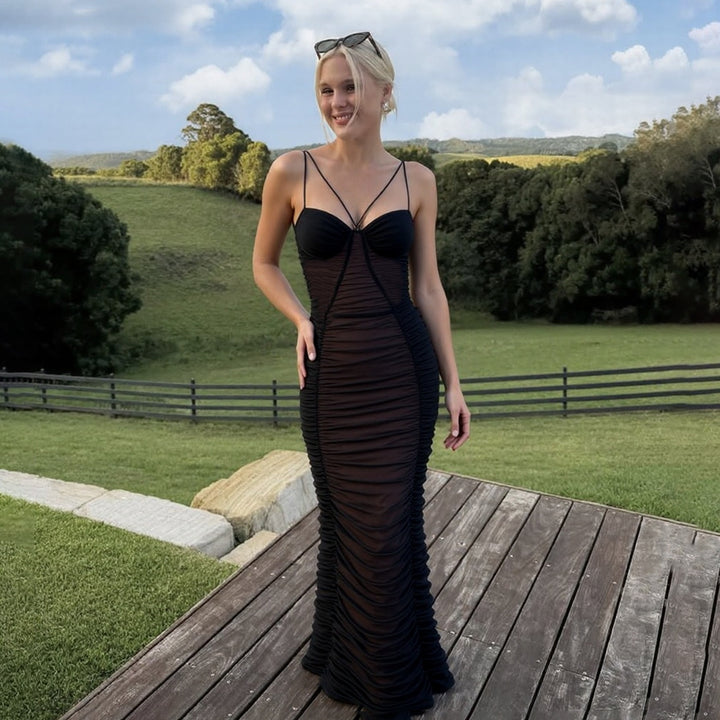 Damen Figurbetontes Maxikleid mit raffinierten Rüschen und Spaghettiträgern Drune