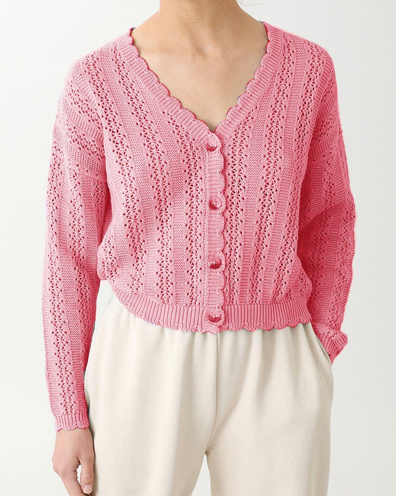 Damen Strickjacke mit filigranem Lochmuster und Wellenabschlüssen Drune