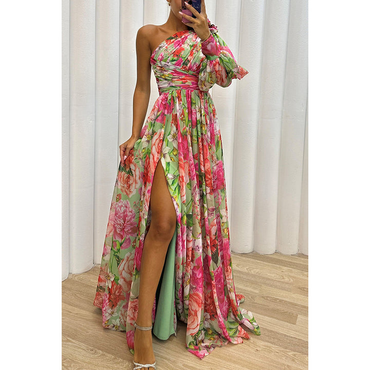 Damen Maxikleid mit asymmetrischem Schnitt und floralen Applikationen Drune