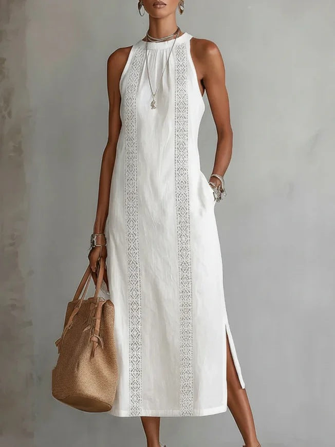 Damen Elegantes Sommer-Maxi-Kleid mit Spitzenapplikation und seitlichem Schlitz Drune