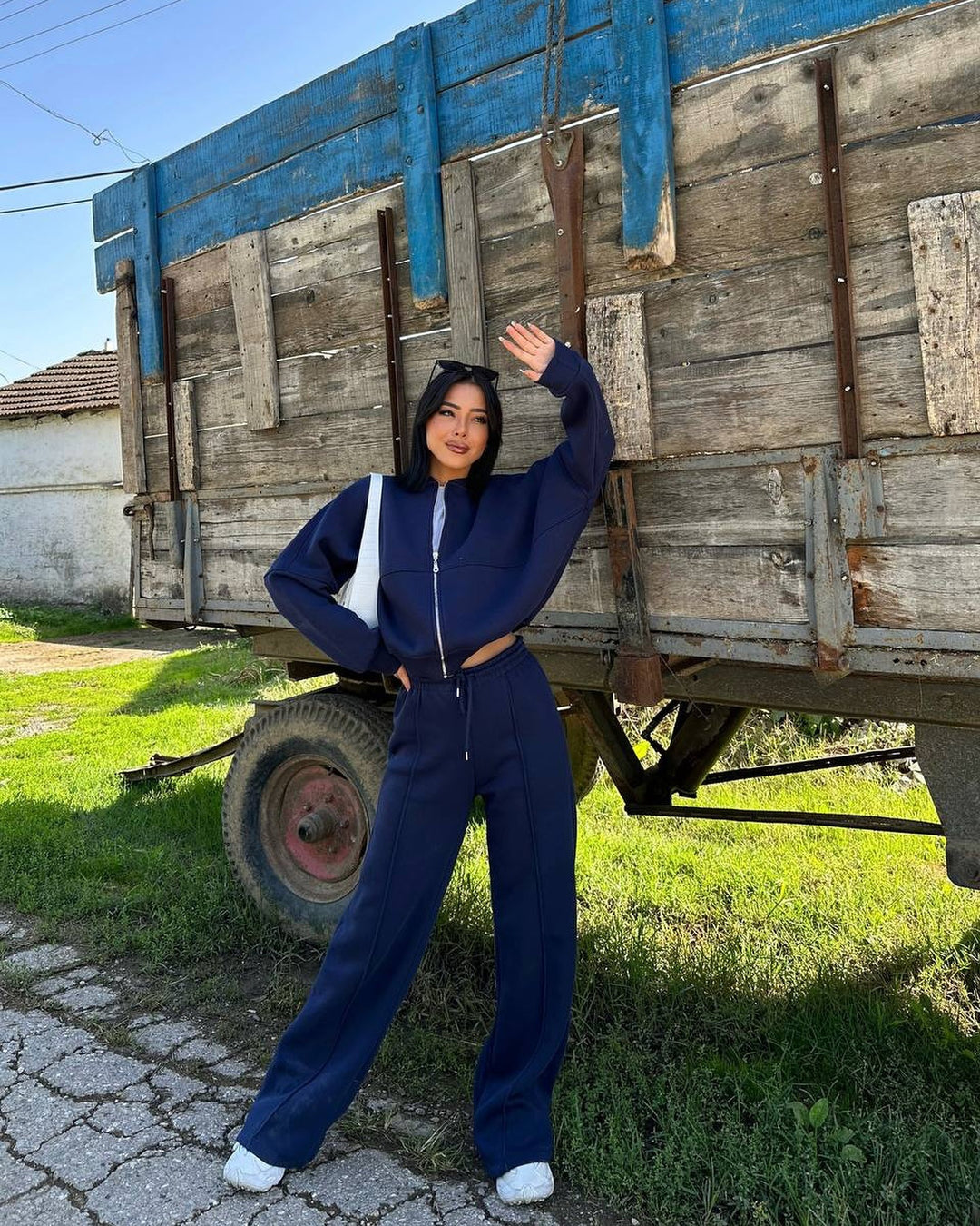 Damen Sportliche Oversize Trainingsjacke und Hose Set Drune