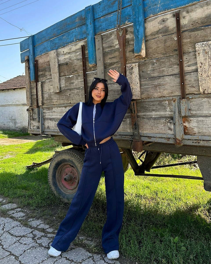 Damen Sportliche Oversize Trainingsjacke und Hose Set Drune