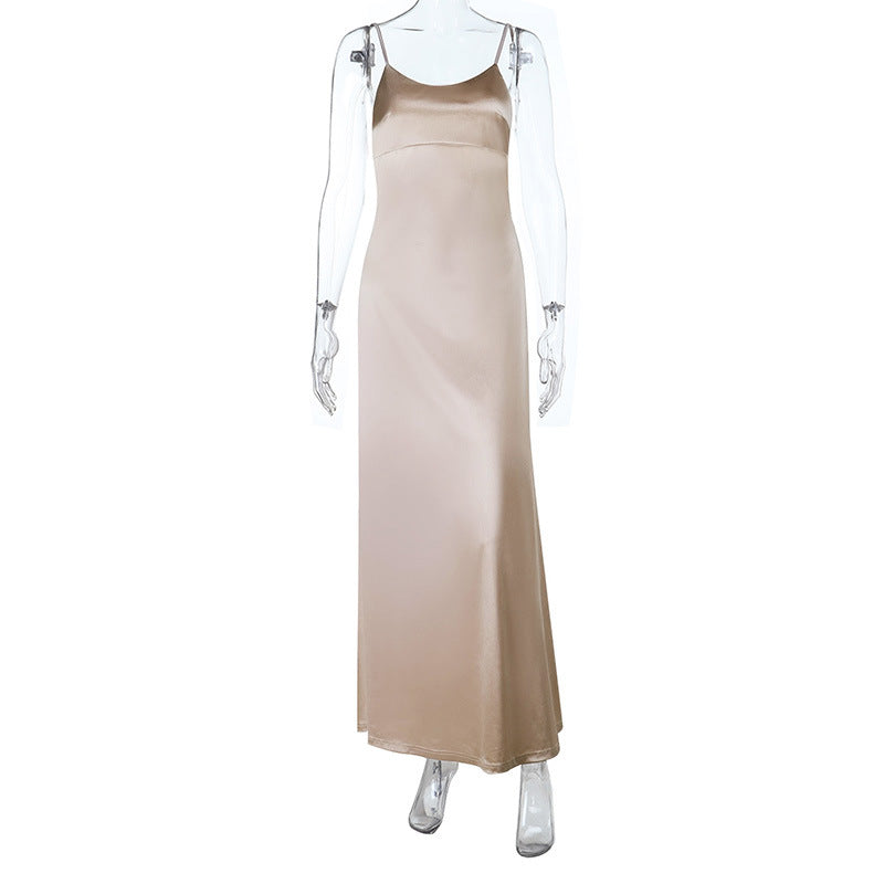Damen Elegantes Satin-Maxikleid mit hauchdünnen Spaghettiträgern Drune