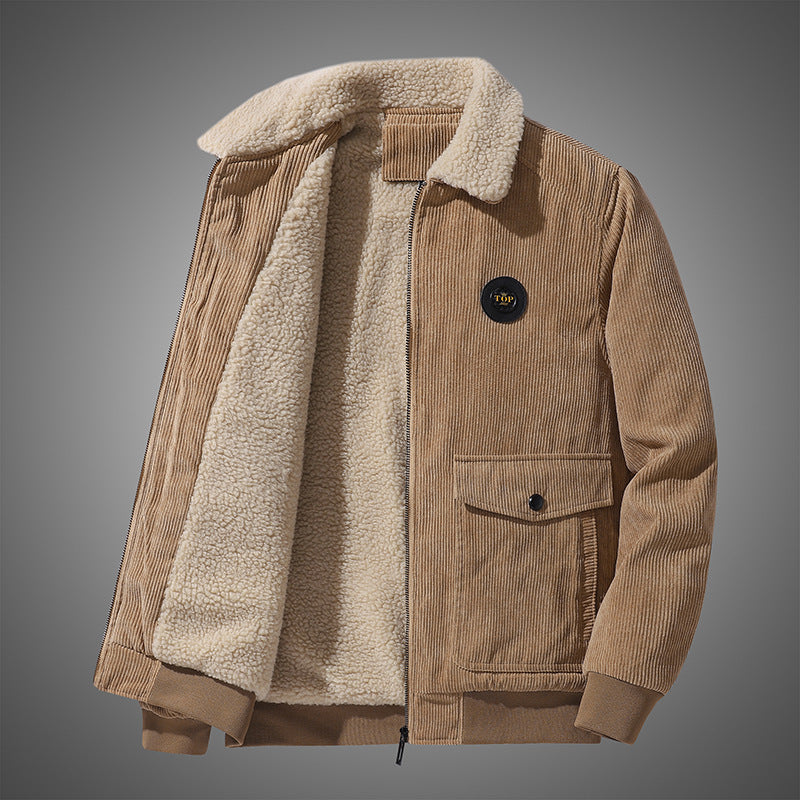 Herren nan gefütterte Cordjacke mit Sherpa-Innenfutter, Reißverschluss und aufgesetzten Klappentaschen Drune