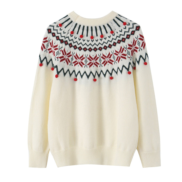 Damen nan Norwegerpullover mit Rundhalsausschnitt, jacquardgestricktem Muster und dekorativen Bommelapplikationen Drune
