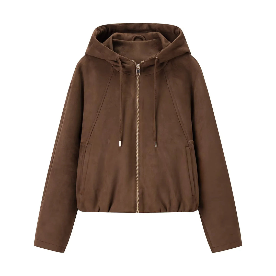 Damen nan kastige Veloursimitat-Kapuzenjacke mit verdecktem Reißverschluss und elastischem Saum Drune