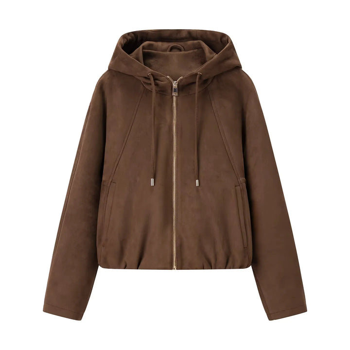 Damen nan kastige Veloursimitat-Kapuzenjacke mit verdecktem Reißverschluss und elastischem Saum Drune