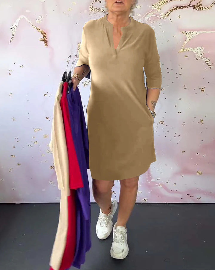 Damen nan legeres knielanges Shiftkleid aus elastischem Jersey mit Stehkragen und V-Ausschnitt Drune