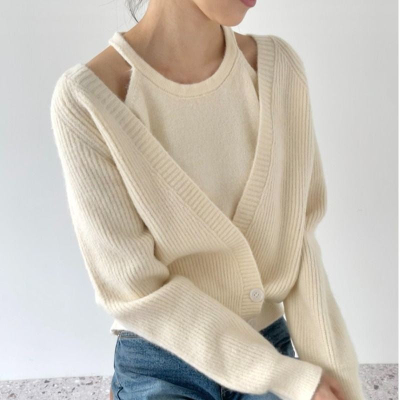 Damen raffinierte Strickjacke mit tiefem V-Ausschnitt und Knopfverschluss Drune