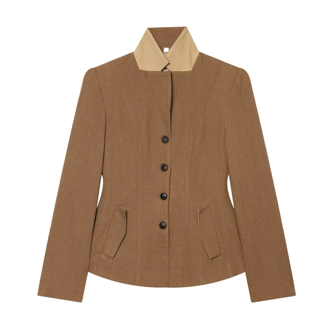 Damen Taillierter Blazer mit Stehkragen figurformenden Abnähern und Pattentaschen Drune