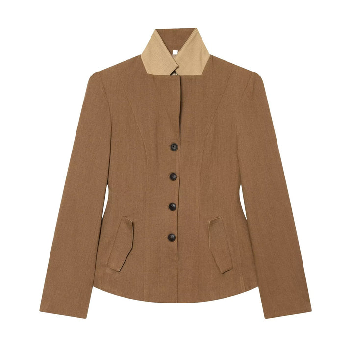 Damen Taillierter Blazer mit Stehkragen figurformenden Abnähern und Pattentaschen Drune