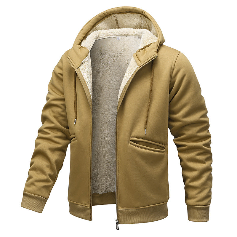 Herren gefütterte Kapuzenjacke im Blousonstil mit hochflorigem Teddyinnenfutter und Handwärmepaspeltaschen Drune