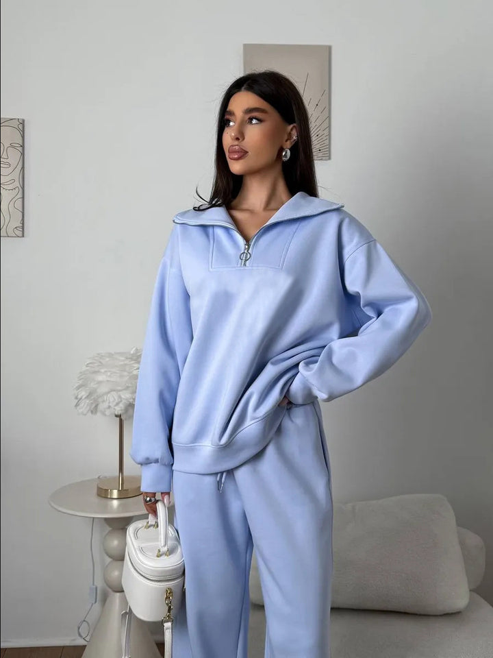 Damen lässiges Sweatset mit halbhohem Reißverschluss Kragen und weitem Jogger Drune
