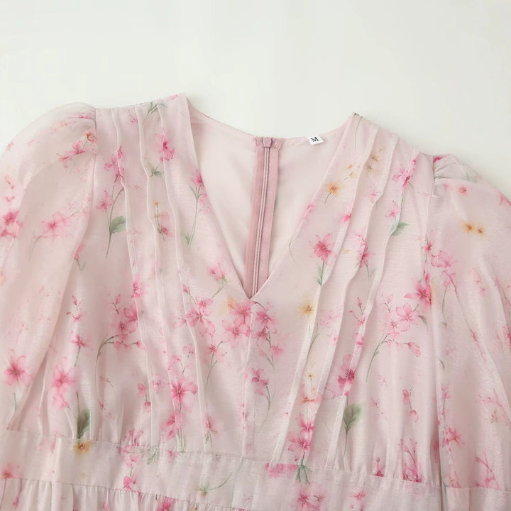Damen Romantisches Chiffon-Minikleid mit V-Ausschnitt, Plisseeoberteil und Stufenvolants Drune