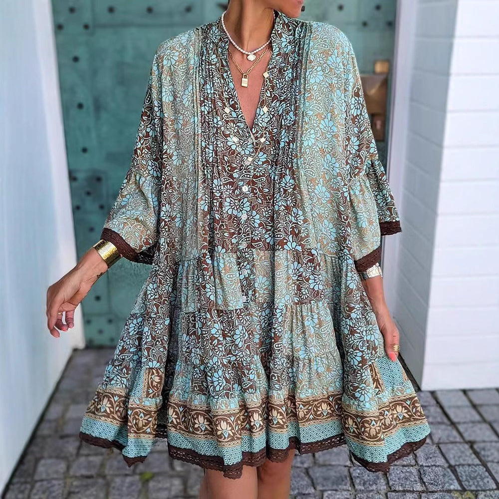 Damen nan luftiges Boho-Stufenkleid mit V-Ausschnitt weiten Fledermausärmeln und Spitzenbordüre Drune