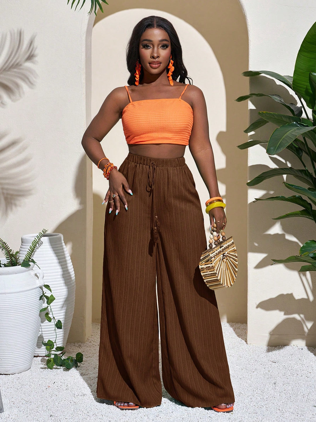 Damen Palazzo-Hose mit hohem Bund, elastischem Kordelzug und weitem Bein Drune